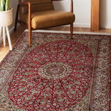 Gulzar-e-Dastkaar – Hand Knotted Silk Rug in Red/Sage Green