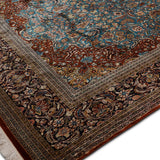 Nilofar Halo – Hand Knotted Silk Rug in Turquoise Blue/Rust