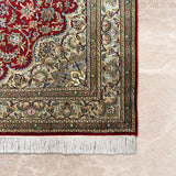 Rudbaran – Hand Knotted Silk Rug in Ribbon Red/Sage Green
