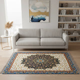 Indigo Rosette – Chain Stitch Embroidery Cotton Rug in Cream/Navy Blue