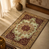Gulraaz Haven – Chain Stitch Embroidery Cotton Rug in Maroon/Pista Green