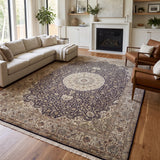 Mahzarin – Hand Knotted Silk Rug in Navy Blue/Ivory