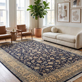Nayabgul – Hand Knotted Silk Rug in Navy Blue/Cream