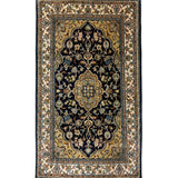 Zarafruz – Hand Knotted Silk Rug in Navy Blue/Antique Gold