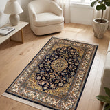 Zarafruz – Hand Knotted Silk Rug in Navy Blue/Antique Gold