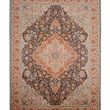 Mahzar-e-Gul – Hand Knotted Silk Rug in Navy Blue/Peach