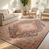 Mahzar-e-Gul – Hand Knotted Silk Rug in Navy Blue/Peach