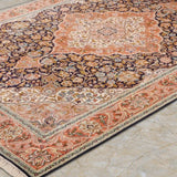 Mahzar-e-Gul – Hand Knotted Silk Rug in Navy Blue/Peach