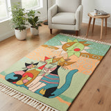 Sunlit Companions – Chain Stitch Embroidery Cotton Rug in Green/Peach