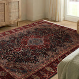 Shazaan - Hand Knotted Wool Rug In Navy Blue/ Maroon