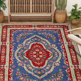 Solvane - Chain Stitch Embroidery Cotton Rug In Blue/Red