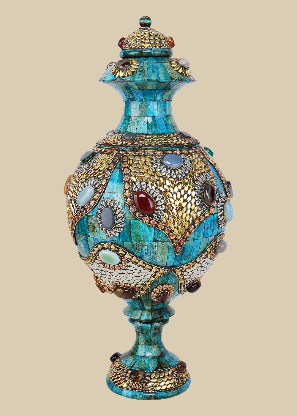 Exquisite azure camel bone vase intricately adorned with gold-colored metalwork and various colorful gemstone inlays, showcasing a traditional Surahi shape.