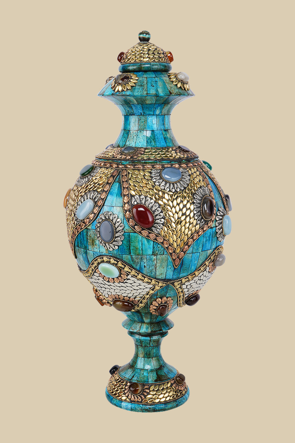 Exquisite azure camel bone vase intricately adorned with gold-colored metalwork and various colorful gemstone inlays, showcasing a traditional Surahi shape.