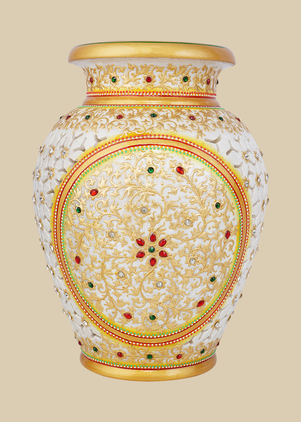 Beautiful white marble flower vase featuring intricate undercut carving, hand-painted with golden floral designs and embellished with embedded red and green gemstones.