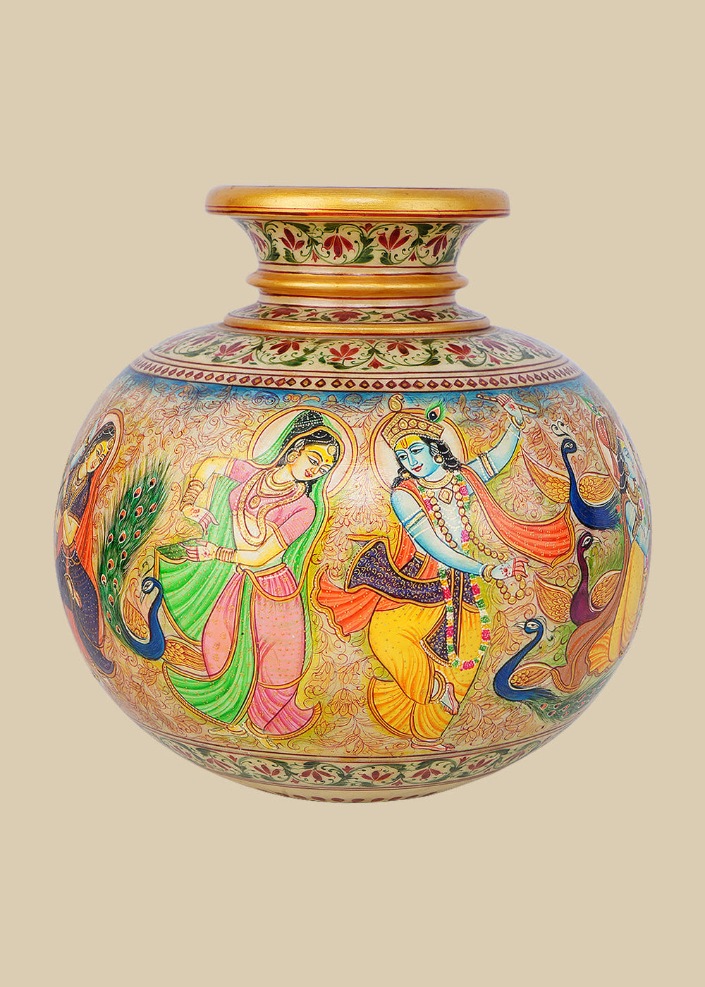 Hand-painted round marble pot vase featuring a colorful scene of Lord Krishna dancing with gopis (milkmaids) amidst peacocks, adorned with traditional Indian art motifs and a decorative rim.